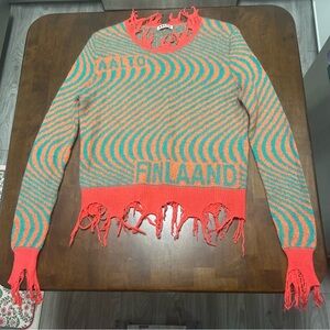 AALTO Distressed Wave Finlaand Mohair Blend Sweater in Turquoise & Coral Size S